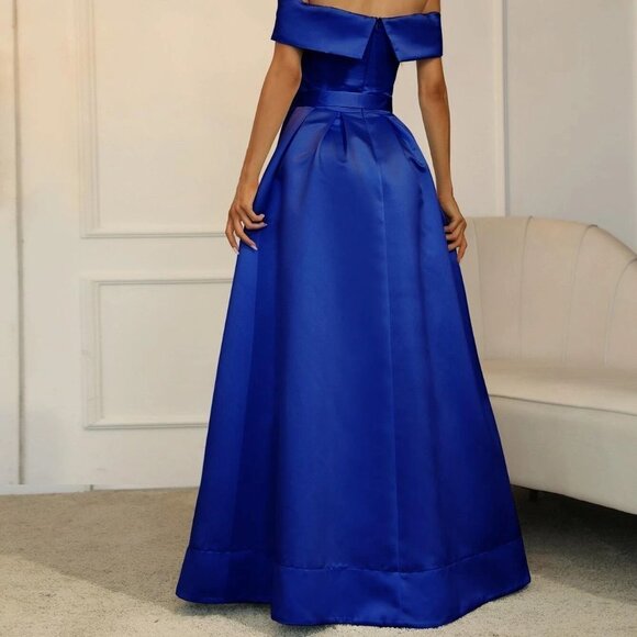 Blue Boho Womens Off Shoulder Boxy Pleated Split Thigh Prom Dress - Picture 2 of 5